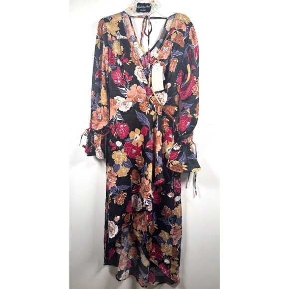 Band Of The Free Floral Hi-Lo Wrap Maxi Dress Black Berry NEW Cottagecore Large - Picture 2 of 9